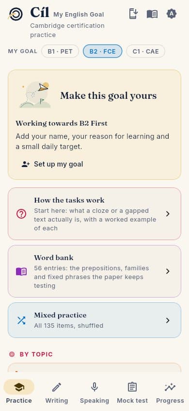 Cíl practice screen on a phone, with the bottom navigation bar