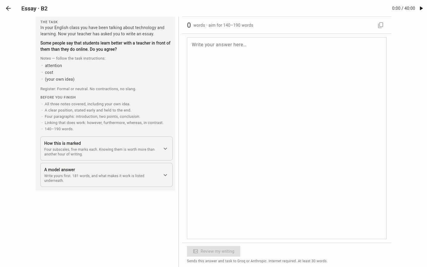 The Cíl writing editor: the B2 essay task and checklist on the left, a word counter and answer box on the right