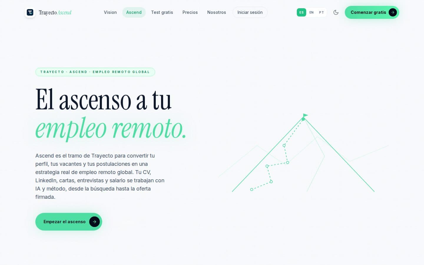 Ascend landing page: "El ascenso a tu empleo remoto" with a mountain path illustration